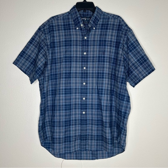 Ralph Lauren Mens Blake Blue Plaid Button-Front Short Sleeve Shirt Size L - Picture 1 of 7
